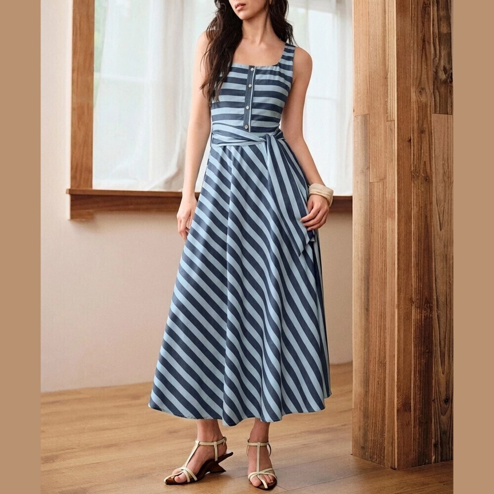 Blue Striped Button Front Tie Waist Sleeveless Midi Dress